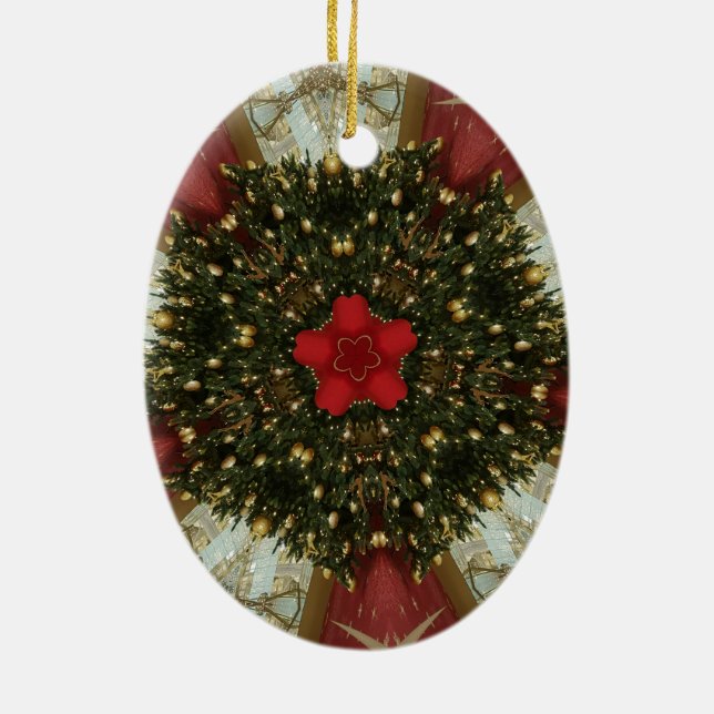 Weihnachts-Wreath-Green-Gold mit Red Star Keramik Ornament (Hinten)