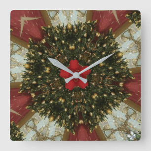 Weihnachts-Wreath-Green-Gold mit Red Star Quadratische Wanduhr