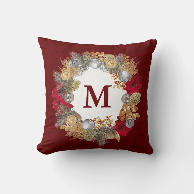 Weihnachts-Wreath-MONOGRAM-Burgund Kissen (Vorderseite)