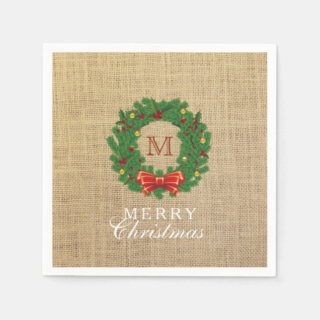 Weihnachts-Wreath-Monogram-Hintergrund Serviette (Vorderseite)
