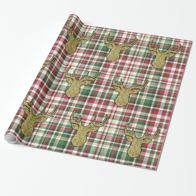 Weihnachts XMAS Kariert Tartan Hirschwrapping Pape Geschenkpapier (Ungerollt)
