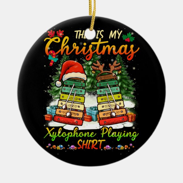 Weihnachts Xylophone Playing Three Santa Elf Xylop Keramik Ornament (Vorne)