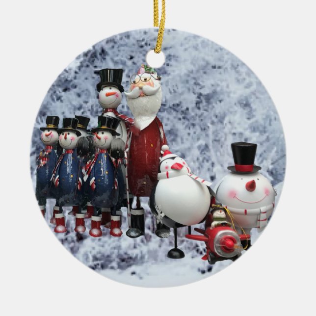 Weihnachts-Zinnchor mit Weihnachtsmann, Schneemann Keramik Ornament (Vorne)