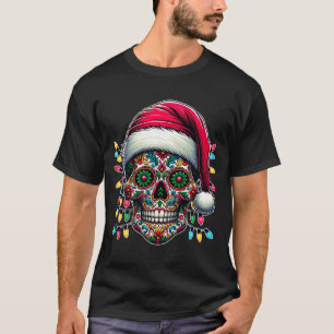 Weihnachts-Zucker-Schädel-Santa-Hut-Lichter-Tag de T-Shirt