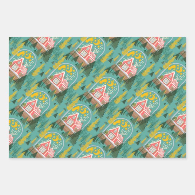 Weihnachtsabend finnische Kabinen, Bäume und Schie Geschenkpapier Set (Vorderseite)