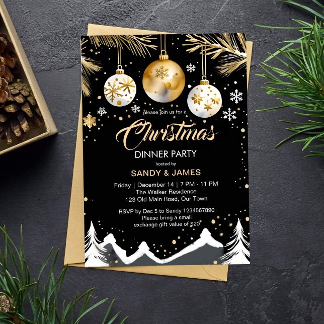 Weihnachtsabend Party Gold und schwarze Bausteine Einladung (Christmas dinner party chic elegant template invitation gold and black Christmas invitation)