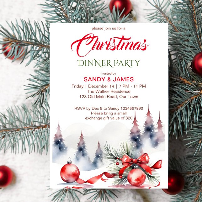Weihnachtsabend Party Klassik Rot Baubles Band Einladung (Classical Christmas dinner party template invitation instant download red baubles ribbon snowy pines)