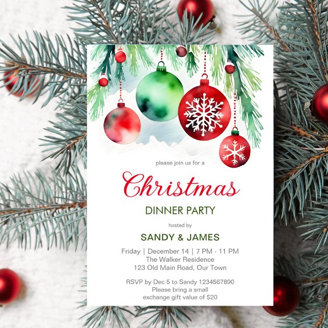 Weihnachtsabend Party Rot-Grün Baubles Einladung (Christmas dinner party template invitation digital download classical red and green baubles pines)
