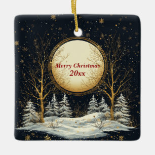 Weihnachtsabend Vollmond Pine Tree Schnee Keramikornament
