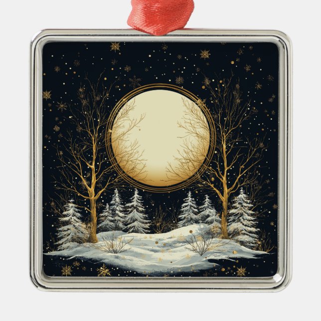 Weihnachtsabend Vollmond Pine Tree Schnee Ornament Aus Metall (Vorne)