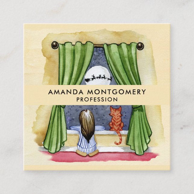 Weihnachtsabend Wasserfarbe Niedlich Kind & Kiteka Quadratische Visitenkarte (Vorderseite)