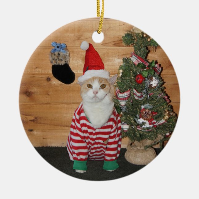 Weihnachtsabendskatze/-Miezekatze Keramik Ornament (Vorne)