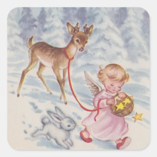 Weihnachtsangel Deer und Bunny Quadratischer Aufkleber