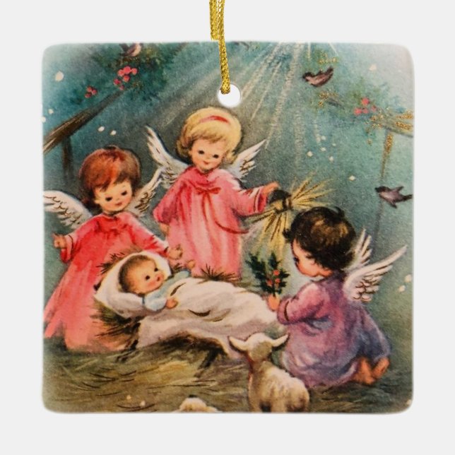 WeihnachtsAngeln mit dem Baby Jesus Christus Keramikornament (Vorderseite)