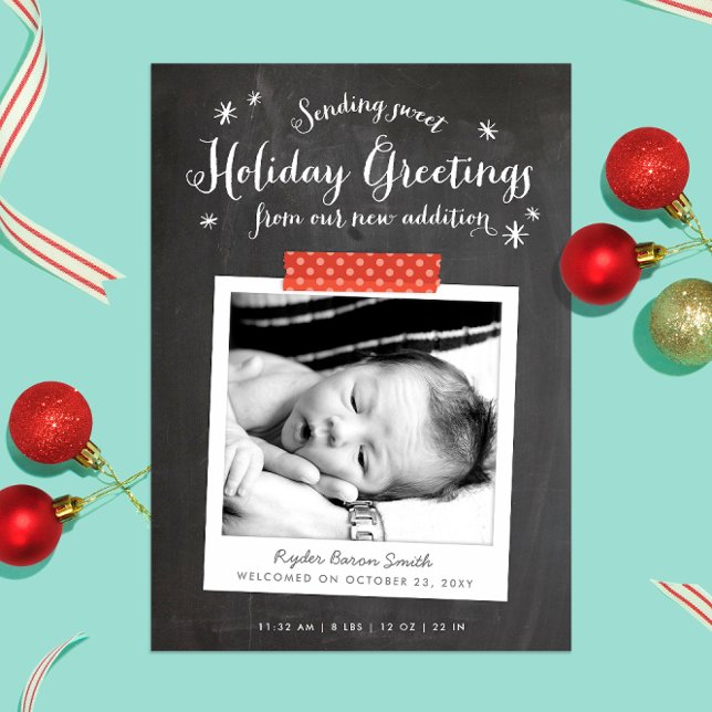 Weihnachtsankündigung von Chalkboard Feiertagskarte (Chalkboard and whimsical lettering with Washi tape detail instant photo Christmas baby announcement)