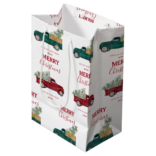 Weihnachtsantiker Lieferwagen Truck Xmas Baum Cust Mittlere Geschenktüte (Vorderseite Schrägansicht)