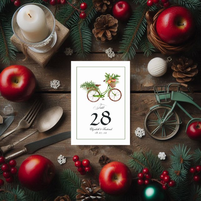 Weihnachtsäpfel und Pinien Winterhochzeit Tischnummer (Christmas Apples and Pines Bicycle Winter Wedding Table Number Cards)