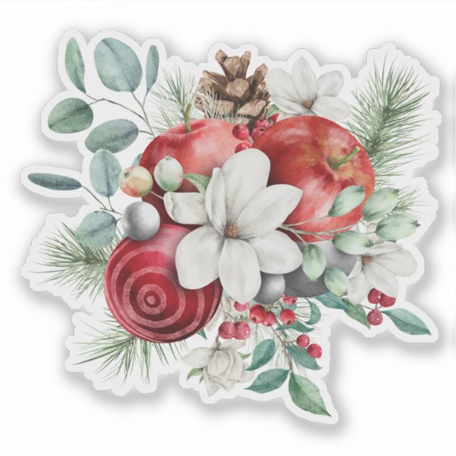 Weihnachtsäpfel, weiße Blume Rustikales Bouquet Aufkleber (Vorderseite)