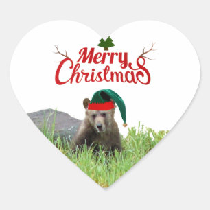 Weihnachtsaufkleber aus Grizzlybär Herz-Aufkleber