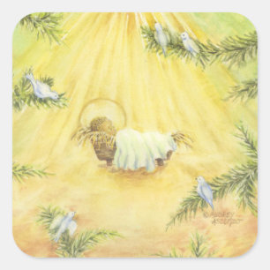 Weihnachtsaufkleber Jesus in der Krippe mit Tauben Quadratischer Aufkleber