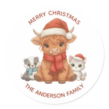 Weihnachtsaufkleber mit Highland-Kuh und Familienn