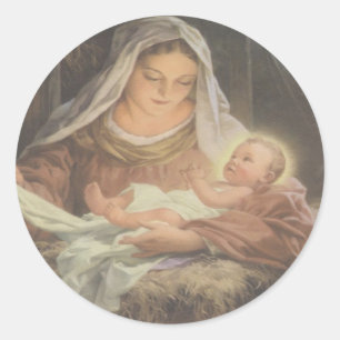 WEIHNACHTSaufkleber - MUTTER MARY UND BABY JESUS Runder Aufkleber
