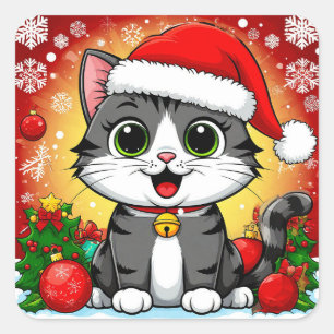 🎄 Weihnachtsaufkleber Santa Cat Festives Geschenk Quadratischer Aufkleber