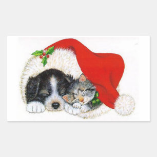 Weihnachtsaufkleber/Welpe und Kitten Rechteckiger Aufkleber