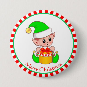 Weihnachtsbaby-Elf und Geschenkbox Button