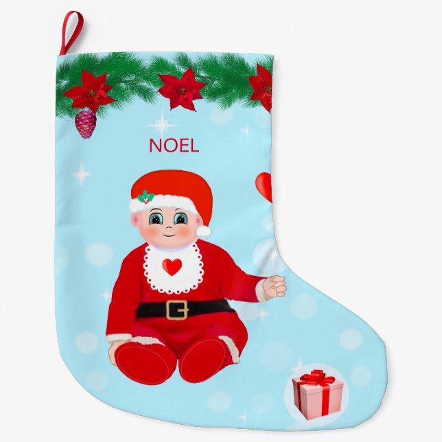 Weihnachtsbaby, Herz, Poinsettias und Kiefer Großer Weihnachtsstrumpf (Vorderseite)