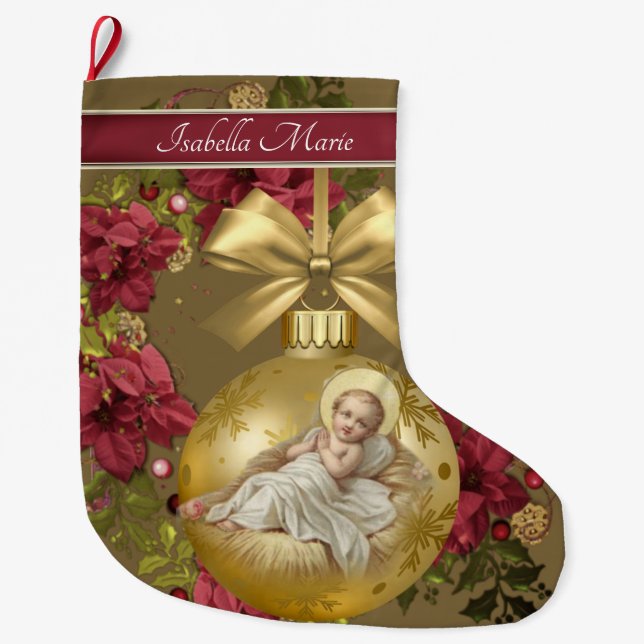 Weihnachtsbaby-Jesus-Goldverzierung mit Blumen Großer Weihnachtsstrumpf (Vorderseite)