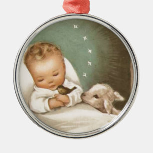 Weihnachtsbaby mit Lamm Silbernes Ornament