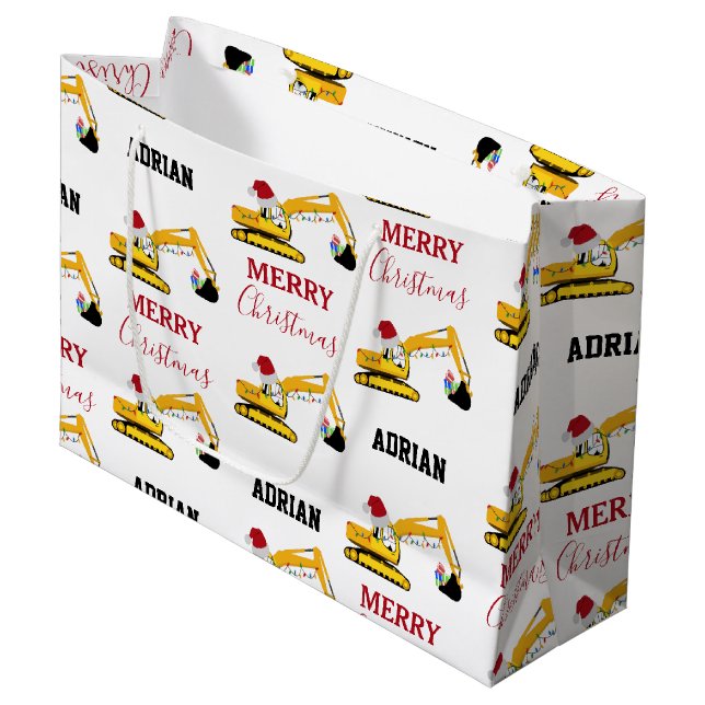 Weihnachtsbagger Individuelle Name Große Geschenktüte (Vorderseite Schrägansicht)