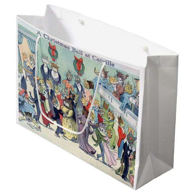 Weihnachtsball in Catville, Louis Wain Große Geschenktüte (Vorderseite Schrägansicht)