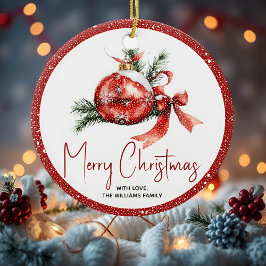 Weihnachtsball mit rotem Bogen und Tannenzweigen Keramik Ornament