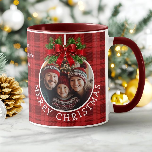 Weihnachtsball Ornament Foto Rotes Buffalo Kariert Tasse (Christmas Ball Ornament Photo Red Buffalo Plaid Mug)