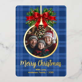 Weihnachtsball Ornament Holly Berries Foto Kariert Folien Feiertagskarte