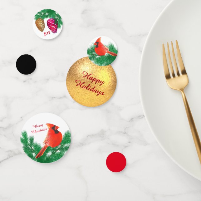 Weihnachtsball, Vogel, Kiefernzapfen auf schwarz & Konfetti (Gruppe)