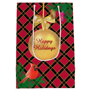 Weihnachtsball, Vogel, Kiefernzapfen auf schwarz & Mittlere Geschenktüte