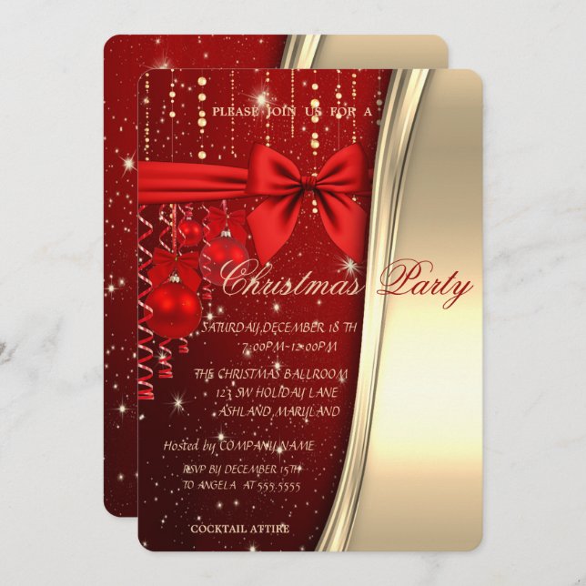 Weihnachtsbälle, Bow, Rot, Gold Corporate Party Einladung (Vorne/Hinten)