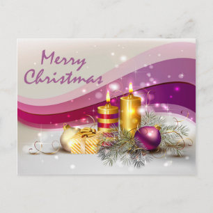 Weihnachtsbälle der goldenen Kerze im Lila Hinterg Feiertagspostkarte