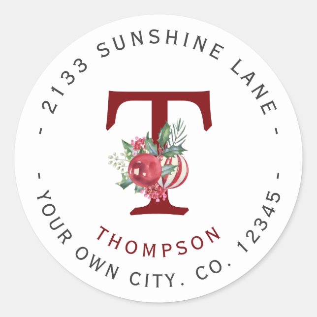 Weihnachtsbälle Feiertage Monogram-Rücksendeadress Runder Aufkleber (Vorderseite)