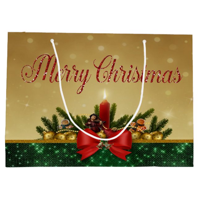 Weihnachtsbälle, Kerze, Frohe Weihnachten Große Geschenktüte (Rückseite)