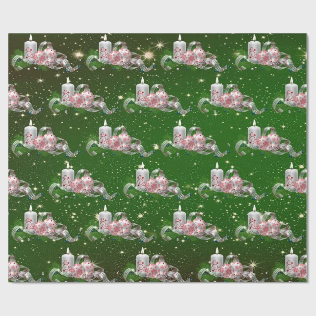 Weihnachtsbälle, Kerzen Grüner Urlaub Geschenkpapier (Flach)