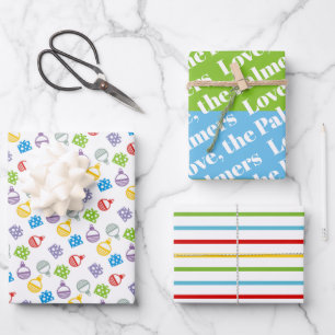 Weihnachtsbälle Muster, Streifen und Name Urlaub Geschenkpapier Set