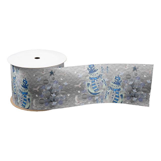 Weihnachtsband, Merry Blue Silver Snowman Satinband (Spule)