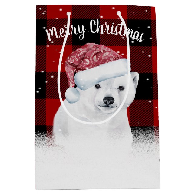 Weihnachtsbär auf Buffalo Karierte mittelgroße Ges Mittlere Geschenktüte (Vorderseite)