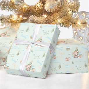 Weihnachtsbär Boy Blue Green Name Text Weihnachten Geschenkpapier