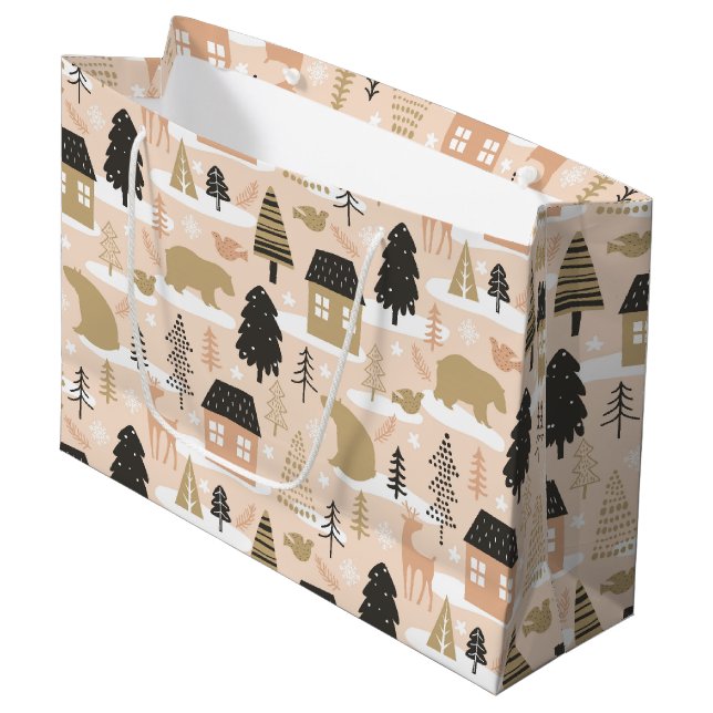 Weihnachtsbär Dorf Pink Black Gold Moderne Große Geschenktüte (Vorderseite Schrägansicht)