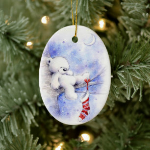 Weihnachtsbär in einem Strumpf Keramik Ornament